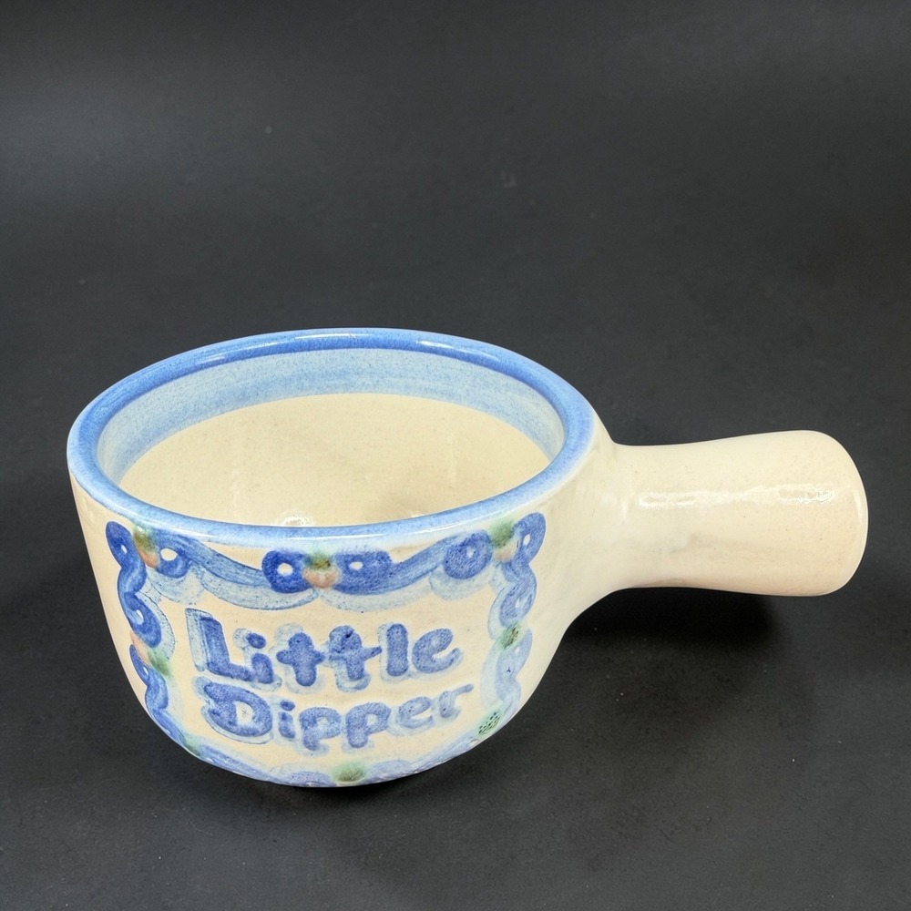MA Hadley Pottery Little Dipper Stoneware Bowl with Handle Blue White Empty VTG